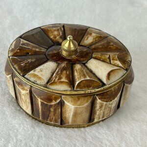 Brass and Camel Bone Trinket Box Indian Oval Shape, Beige,Brown Natural colors